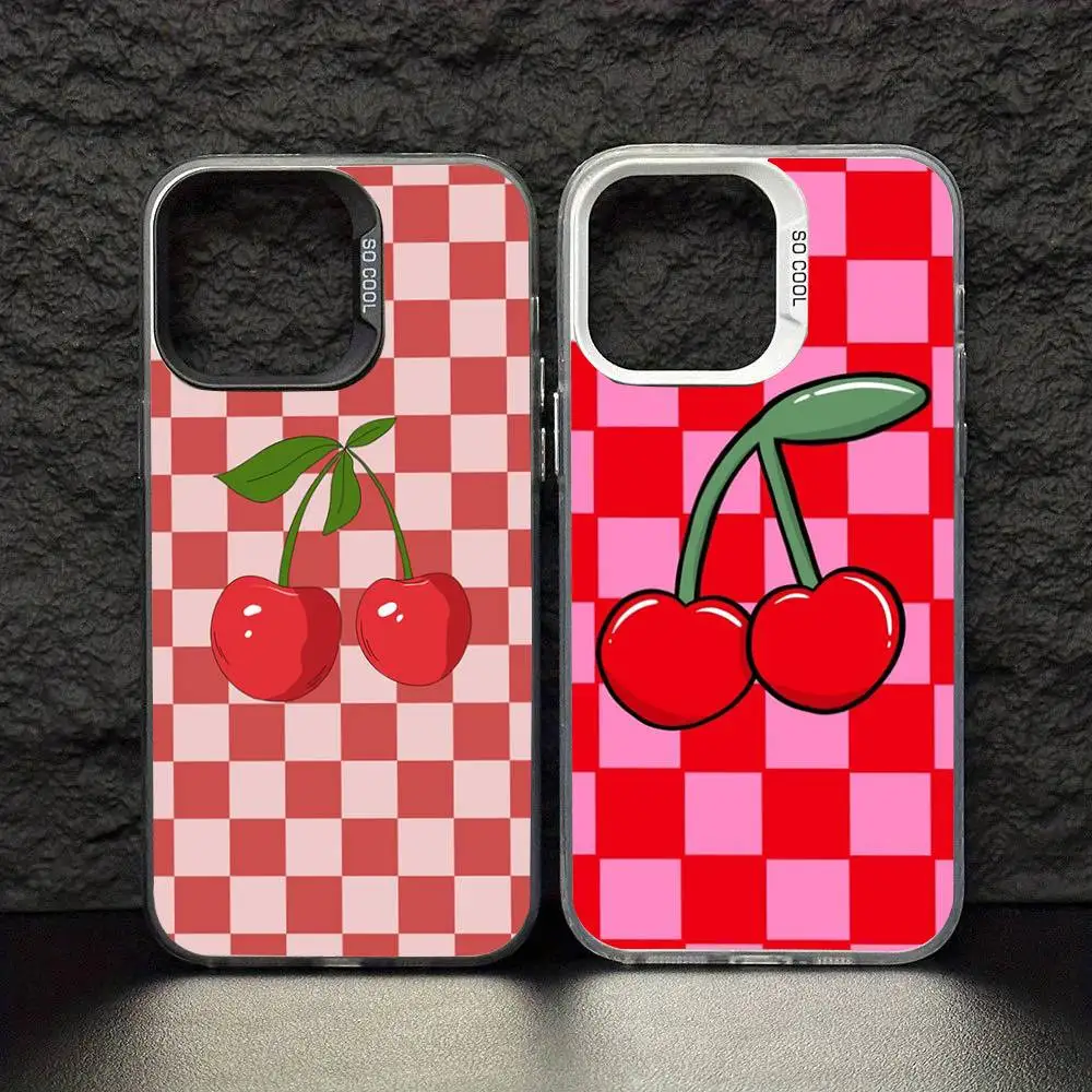 

Fashion Cherry Bow-Knot Phone Case For iPhone17,16,15,14,13,12,11 Pro Max Blcak Colorful Silver Plated Inside Phone Case