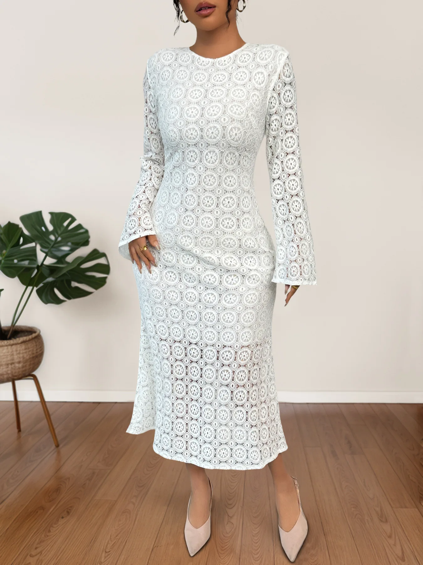 

Elegant Temperament Lace Slim Fit Fishtail Dress for Summer Women, Elegant Solid Color Lace Semi Transparent Long Sleeved Dress