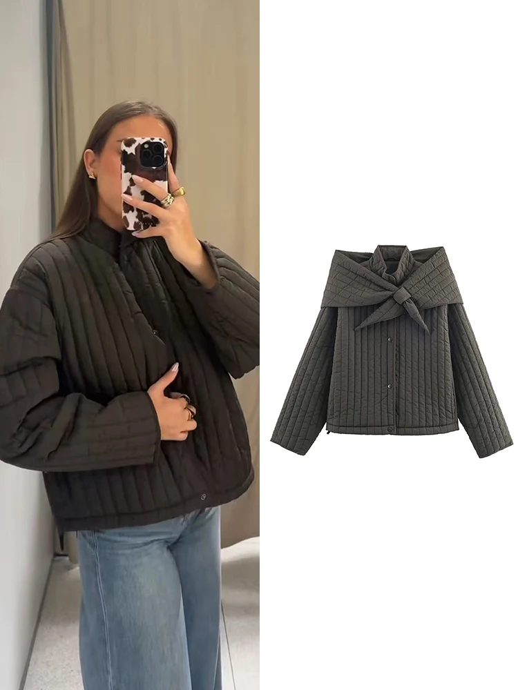 

TFMLN Women's Cotton Stand Neck Jacket Coat Warm Loose Fit Scarf Decoration Covered Button Quilted Coat Fashion Vintage Jacket