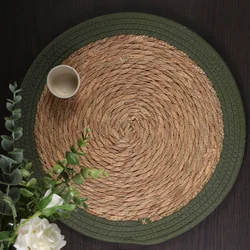 1/4pcs Christmas Natural Straw Seagrass Round Woven Place Mats Vintage Houseold Handmade Braided Dinning Table Coaster Placemats
