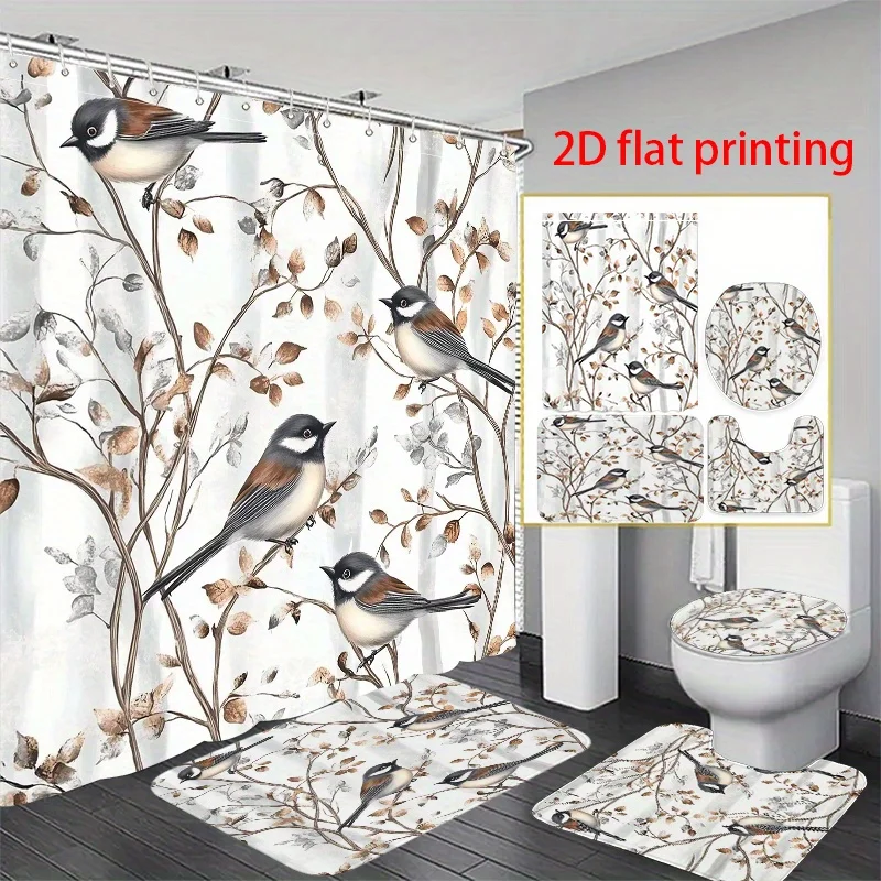 

4 шт., 2D плоская занавеска для душа с плоской печатью, набор занавесок для душа с четырьмя птицами, осенние ветки для женщин, День святого Валентина