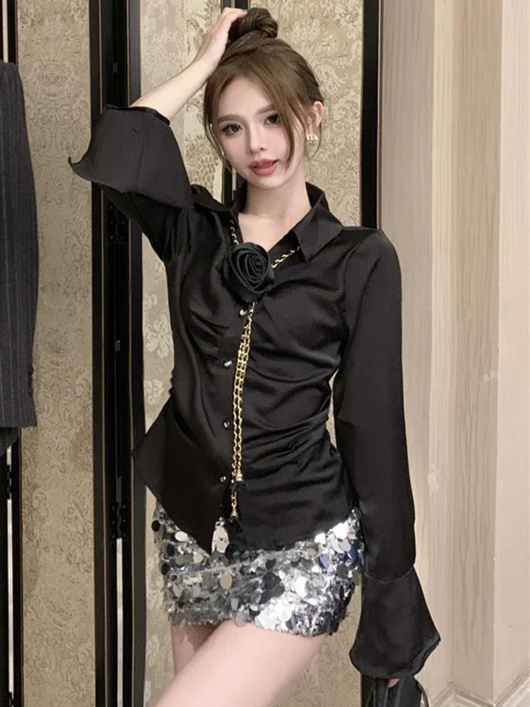 3d Floral Weißes Hemd Frauen Süße Langarm Elegante Dünne Bluse Mode Lässig Koreanische Weiblichen Frühling Plissee Tops Neue