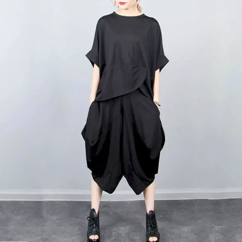 Summer Womens Suits Casual Bloomers Suit Loose Bat Sleeve Oversized T Shirt Wide Leg Pants Two Piece Sets Aesthetic Clothes Z540