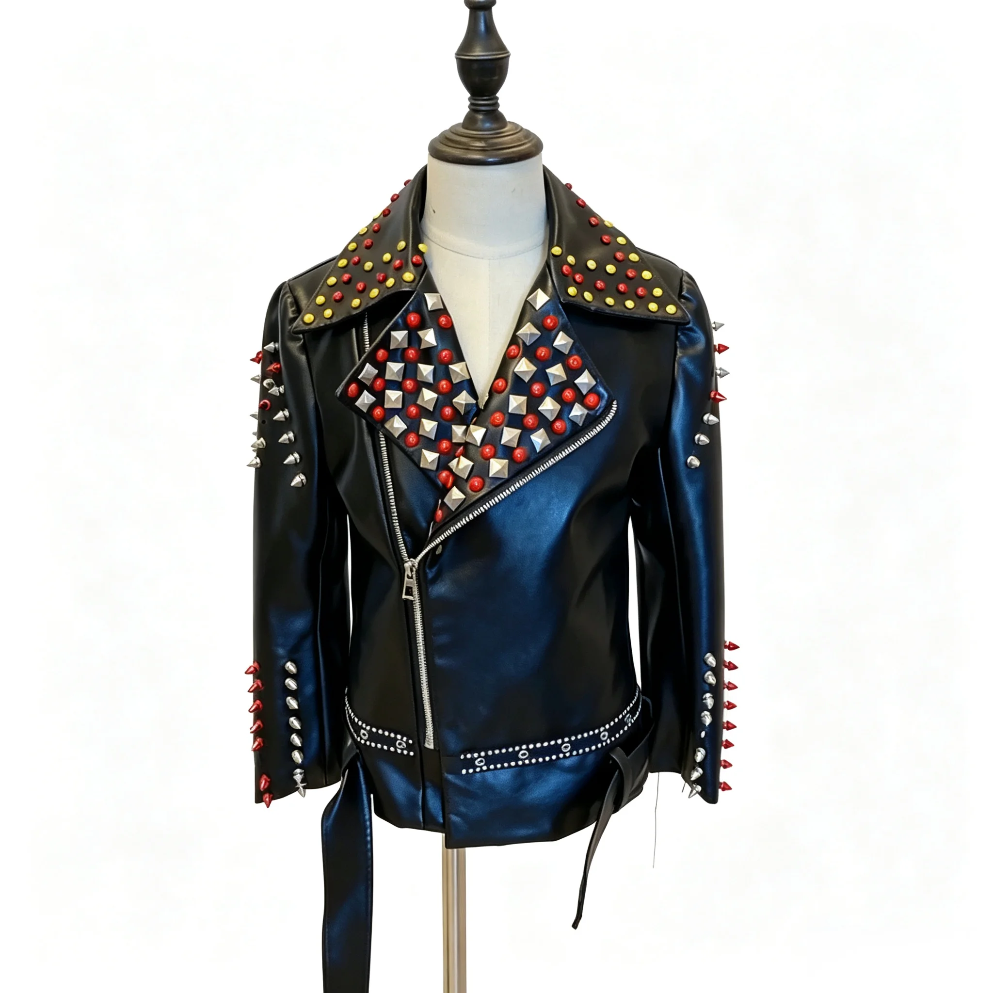 Men Punk Rivet Faux Leather Jacket Black Zipper Lapel Motorcycle Coat Colorful Studs Belt Stage Performance Rock Outerwear