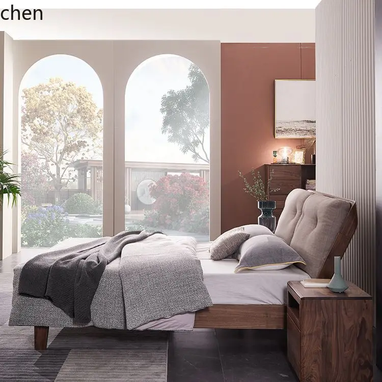 ZML Solid Wood Bed Double Bed Modern Minimalist Bedroom Soft Back  Wedding Bed