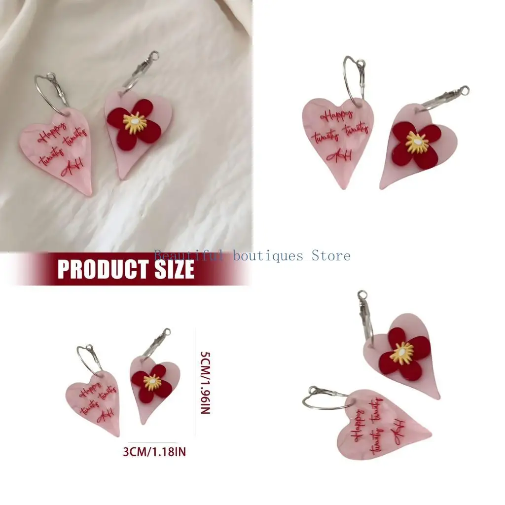 U4LF Fashion Drop Earrings with Asymmetrical Heart Pieces, One Floral Heart and One Script Heart, Pink and Red Contrast Design
