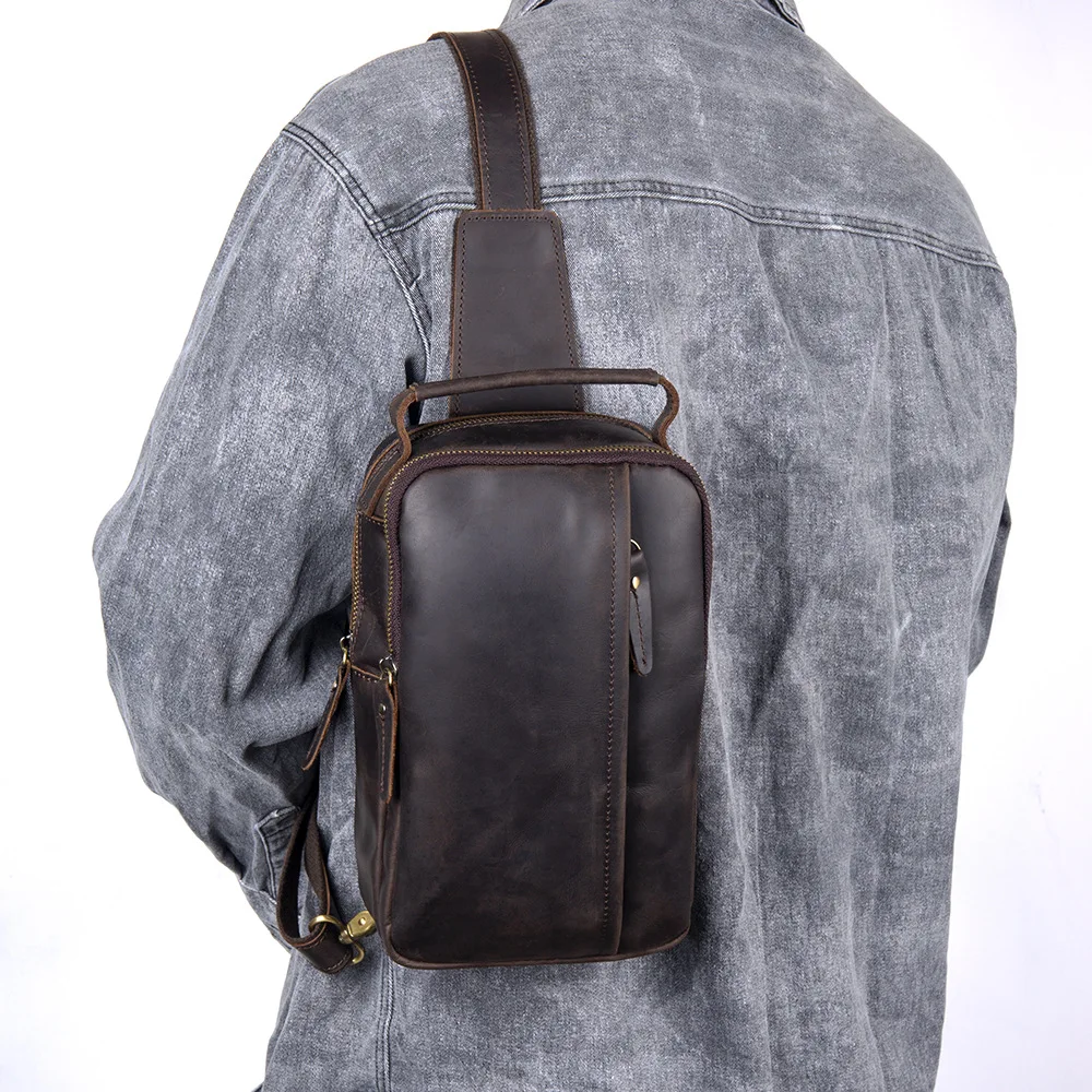 

Retro genuine leather men's hand-held chest bag, retro men's bag, vertical square large-capacity travel crossbody bag