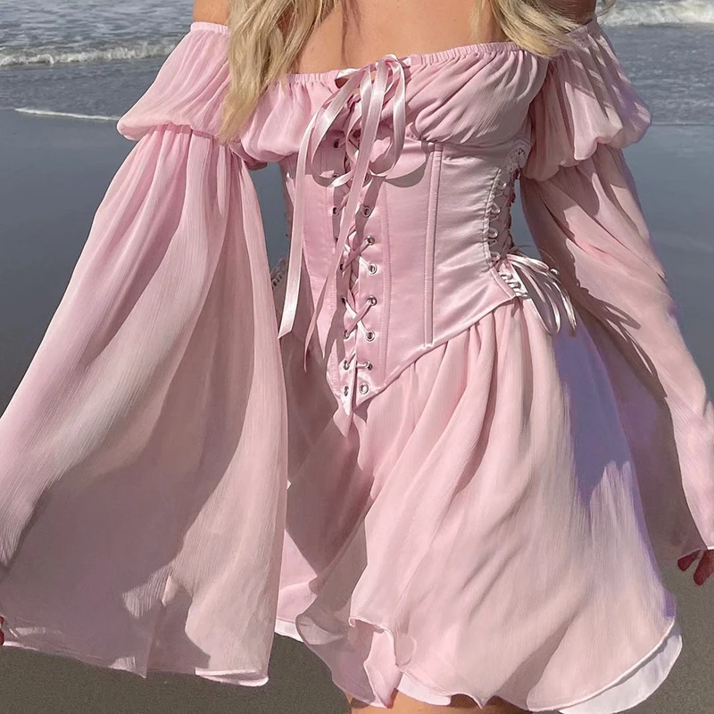 Wróżka różowa szyfonowa Mini sukienka eleganckie damskie bandażowy gorset Vintage długa bufiasta sukienka Sundress głęboki dekolt druhna Bodycon plaża