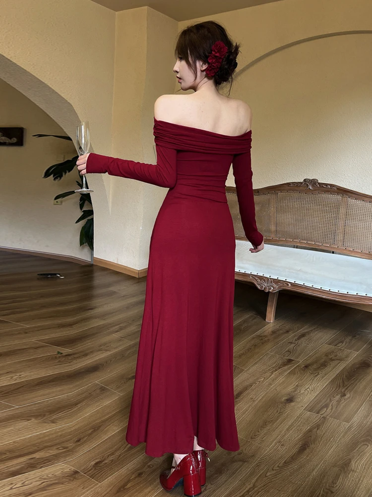 Vintage de um ombro gola dupla camada vermelho bodycon saia feminina irregular ruched fino ajuste a linha alta rua maxi saia outono