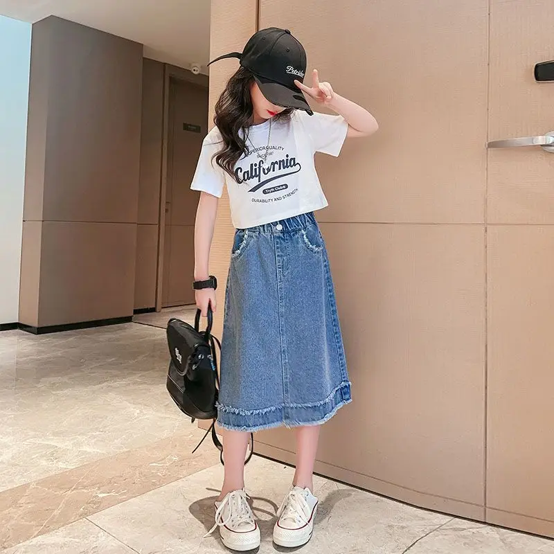 Kids Girls Tassels Mid Length Skirt 2025 New Teenage Girls Casual Denim Jean Skirts Spring Summer Clothing Japanese Korean Style
