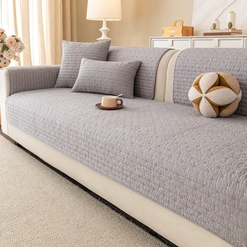 Washed Cotton Quilted Sofa Cover Mini Star Stitch All Season Soft Anti Slip Solid Couch Mat Minimal Living Room Furniture Shield