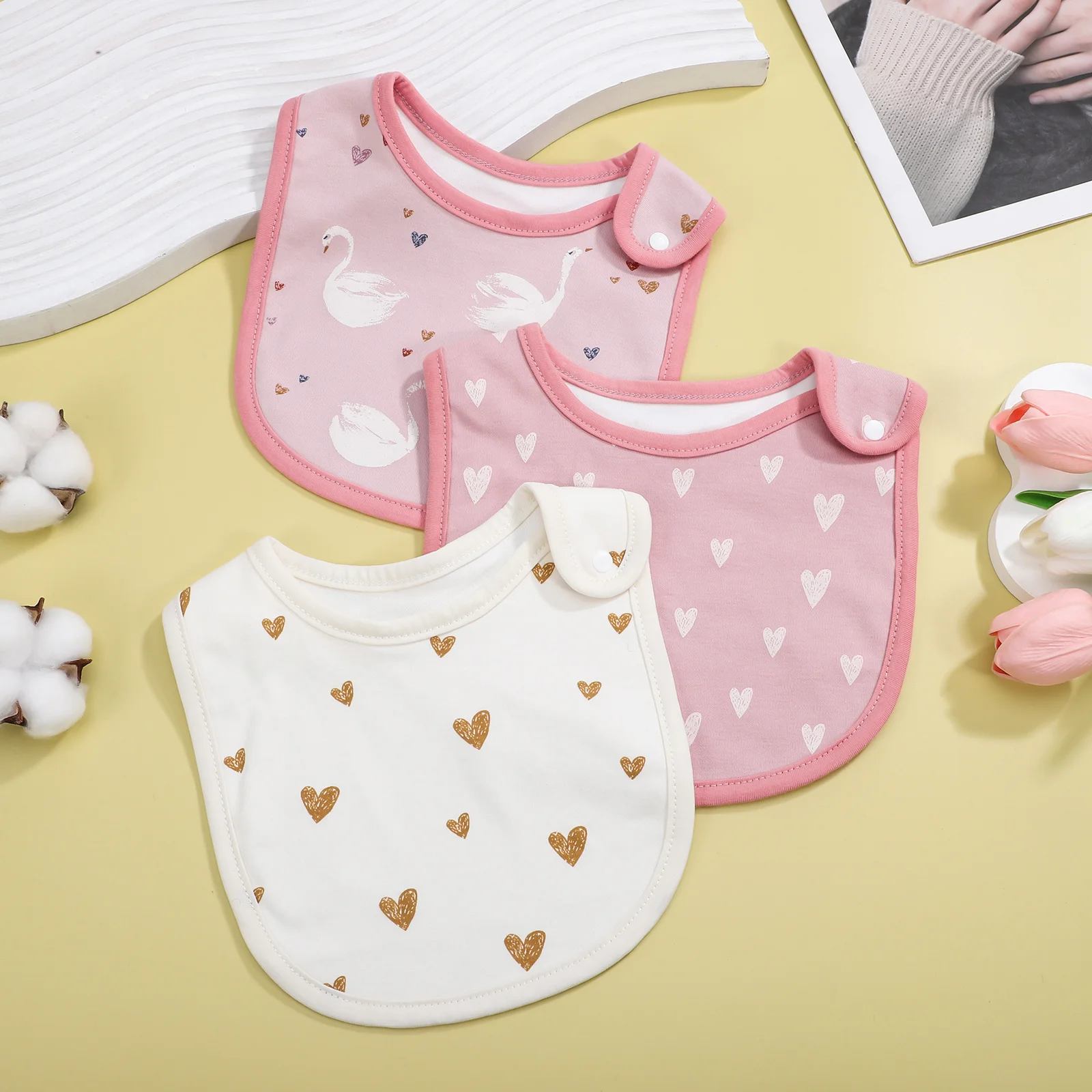 

3 шт., детские нагрудники из чистого хлопка, мягкие впитывающие кнопки, ткань для слюней для новорожденных, аксессуары для маленьких девочек, нагрудники для слюней