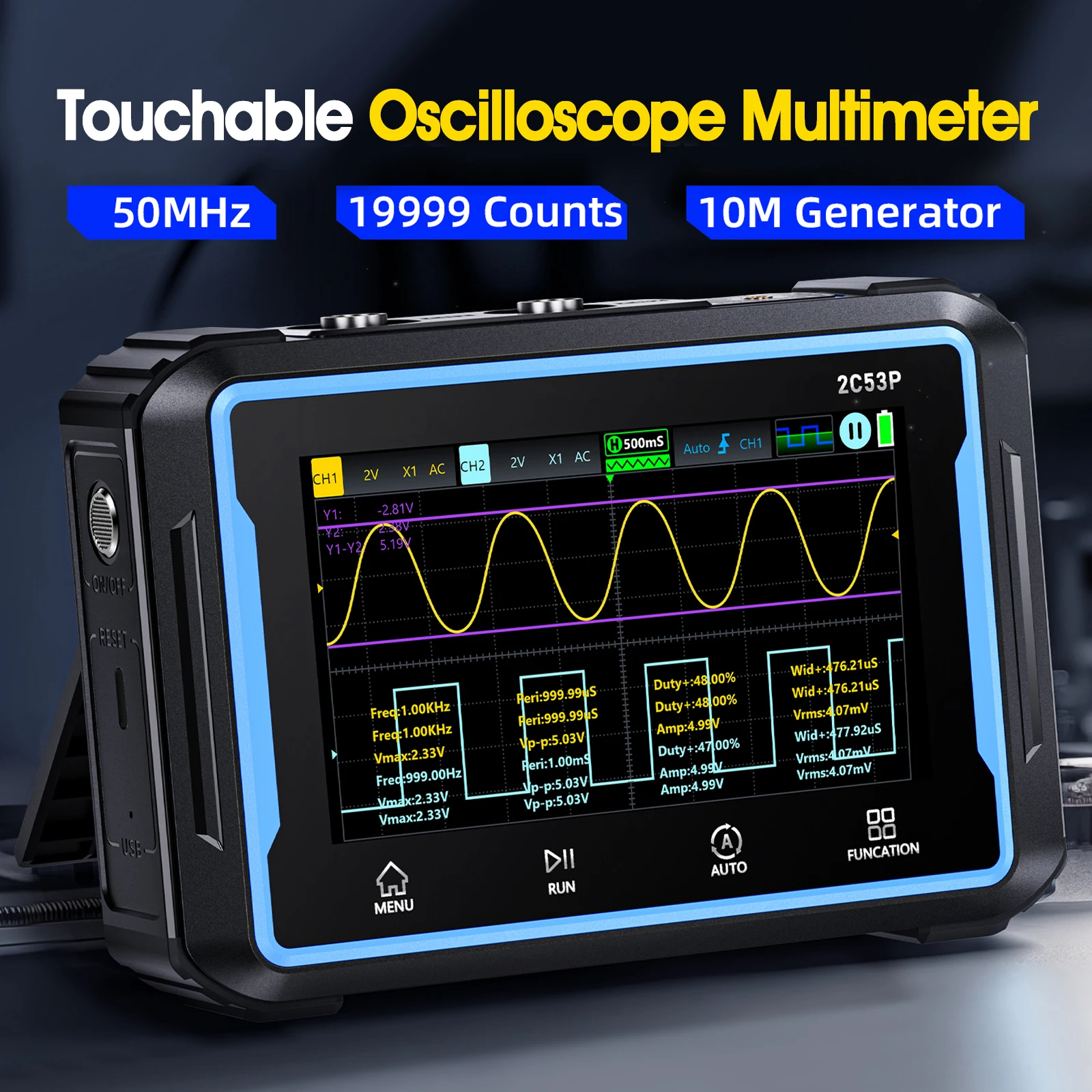 Dual Channel Oscilloscope Multimeter Signal Generator 250MSa S 50MHz 3 in 1 Tester for Auto Electronics Repair DIY Lab