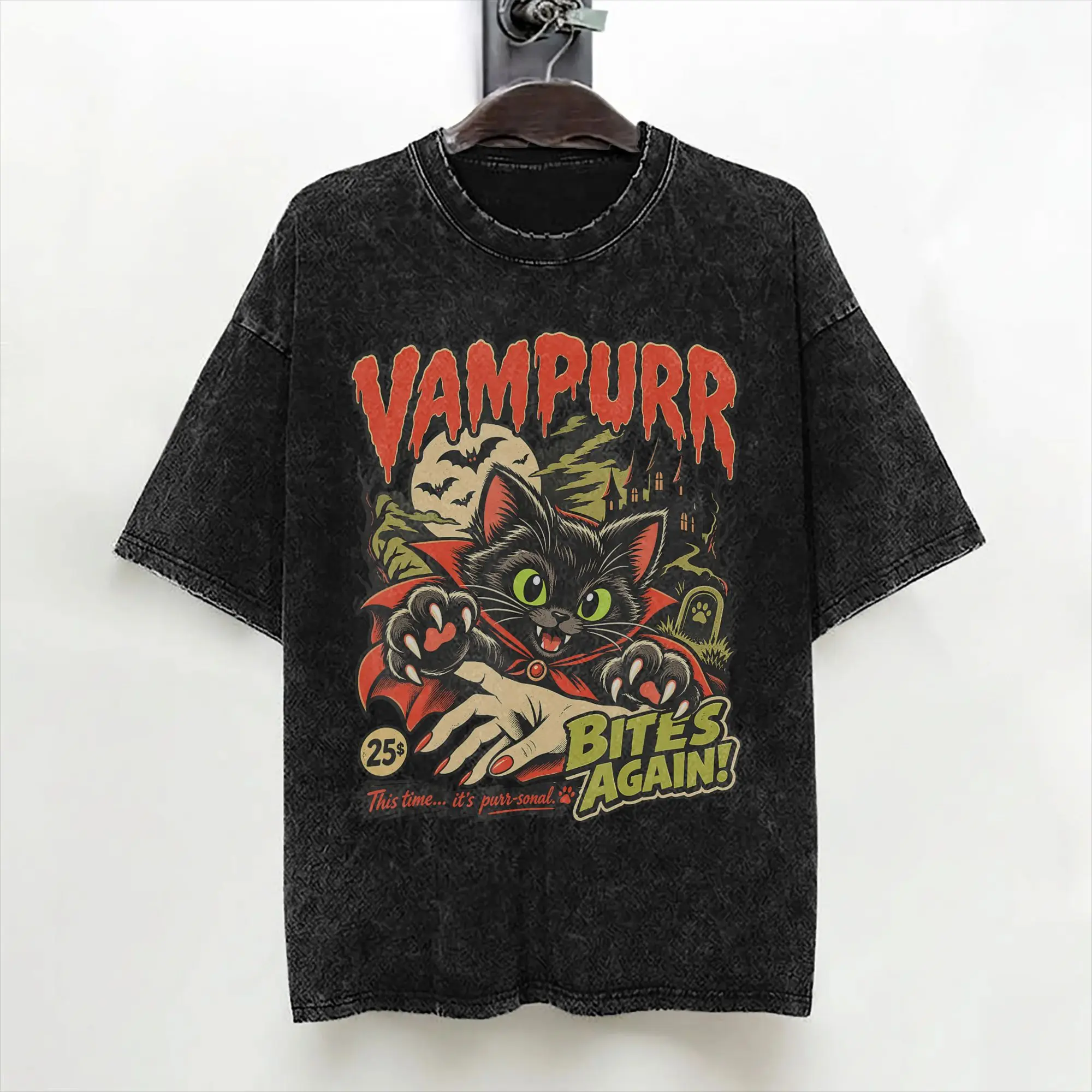 Vampurr Bites Again Halloween Vampire Cat Washed T Shirts Streetwear T-Shirt Tee Shirt for Men Women 100% Cotton Harajuku Summer