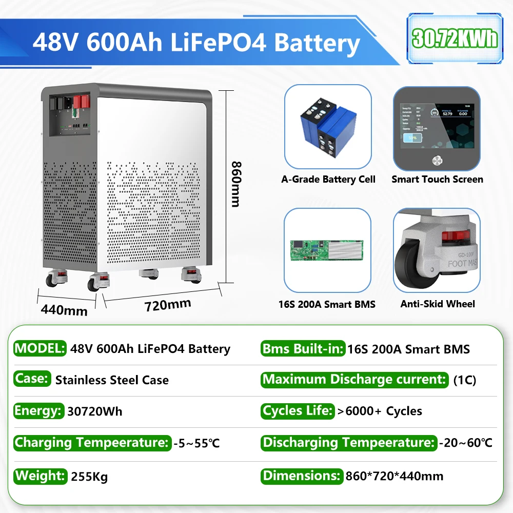 48V 600Ah LiFePO4 배터리 팩 30Kwh 바퀴 포함 51.2V 100Ah 300Ah 리튬 배터리 6000+ 사이클 블루투스 CAN RS485 BMS EU 재고
