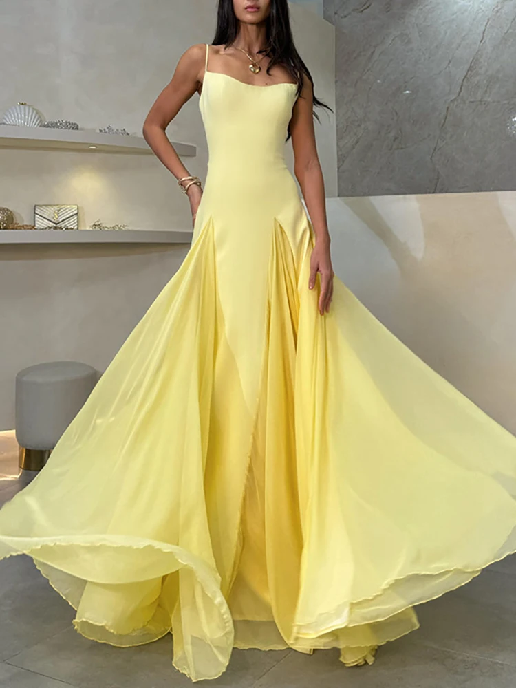 

Sexy Spaghetti Strap Patchwork Long Dress Women Sleeveless Backless A-line Dresses Elegant Evening Party Cocktail Gowns