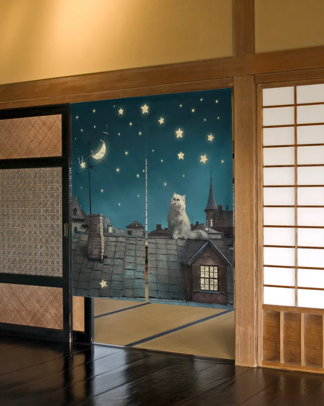 Kitten on Roof Night Stars Japanese Door Curtain Kitchen Doorway Cute Animal Drapes Cafe Restaurant Noren Hanging Half-Curtains