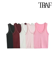 TRAF-Women's Sleeveless Knit Tank Tops, V Neck ,Contrast Trims, Female Camis, Chic Vest Fashion