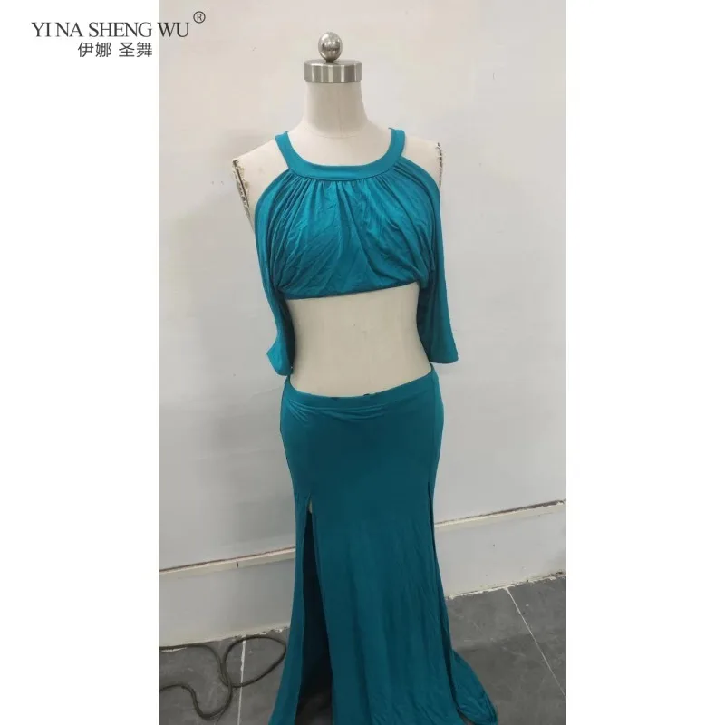 Traje de performance de dança do ventre feminino oriental modal manga morcego vestido dividido prática dancewear para dançarinos femininos roupa de palco