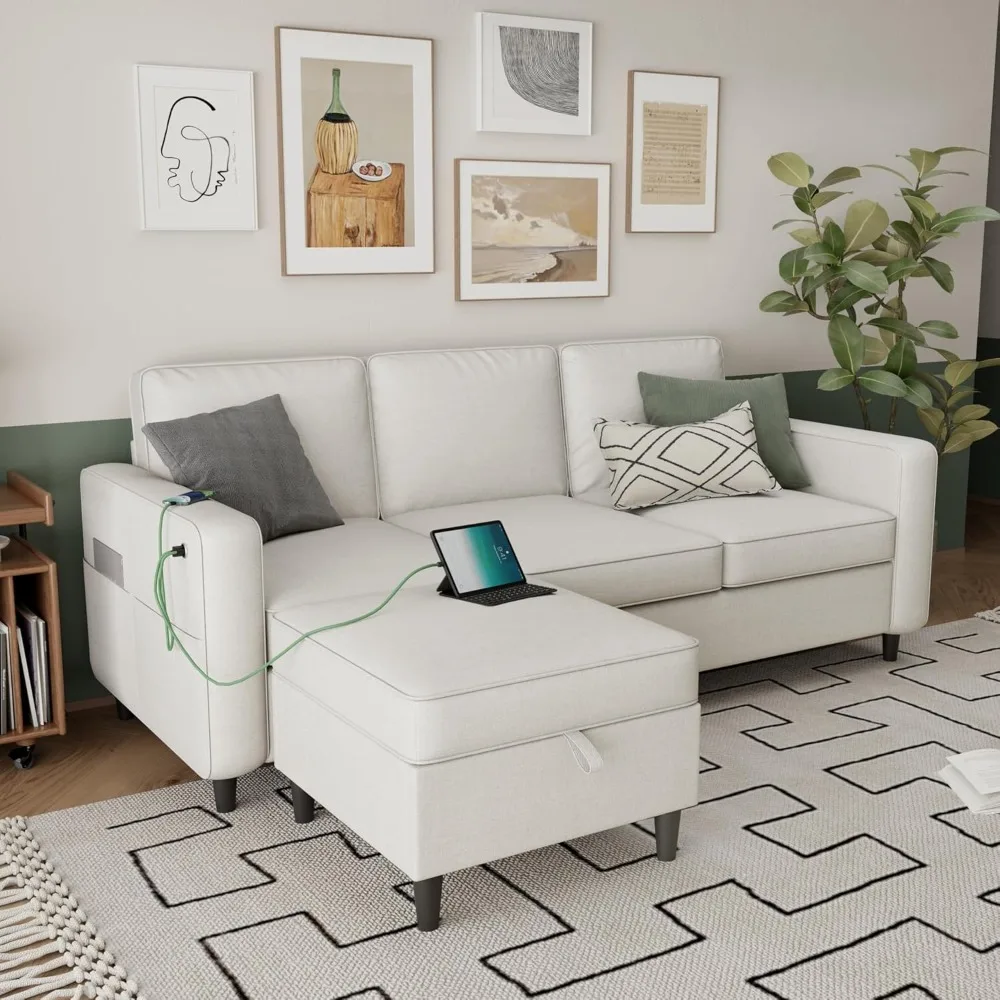거실용 섹셔널 소파, 78인치 베이지색, USB + 타입-C 고속 포트 및 수납 오토만 포함, 3인용 L자형 소파