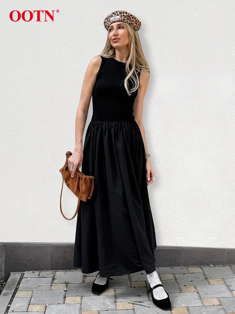 OOTN Elegant Black Long Dress Female Summer O-Neck Solid Sleeveless A-Line Dresses Fashion Office Loose Pleated Dress Women 2024