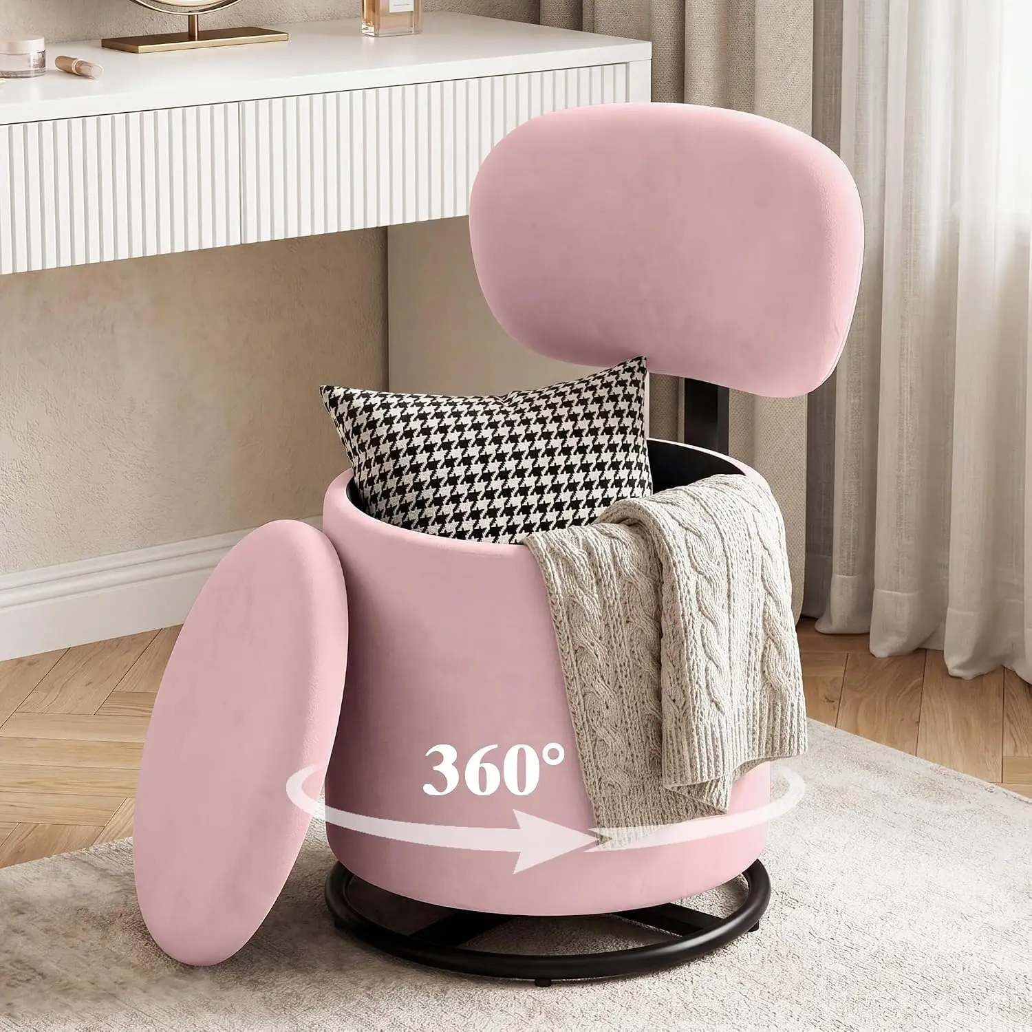 Pink Velvet Swivel Vanity Chair with Storage Makeup Stool