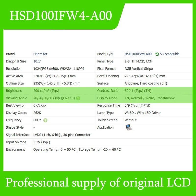 HSD100IFW4-A00 Panel de pantalla LCD de 10,1 pulgadas totalmente probado envío rápido