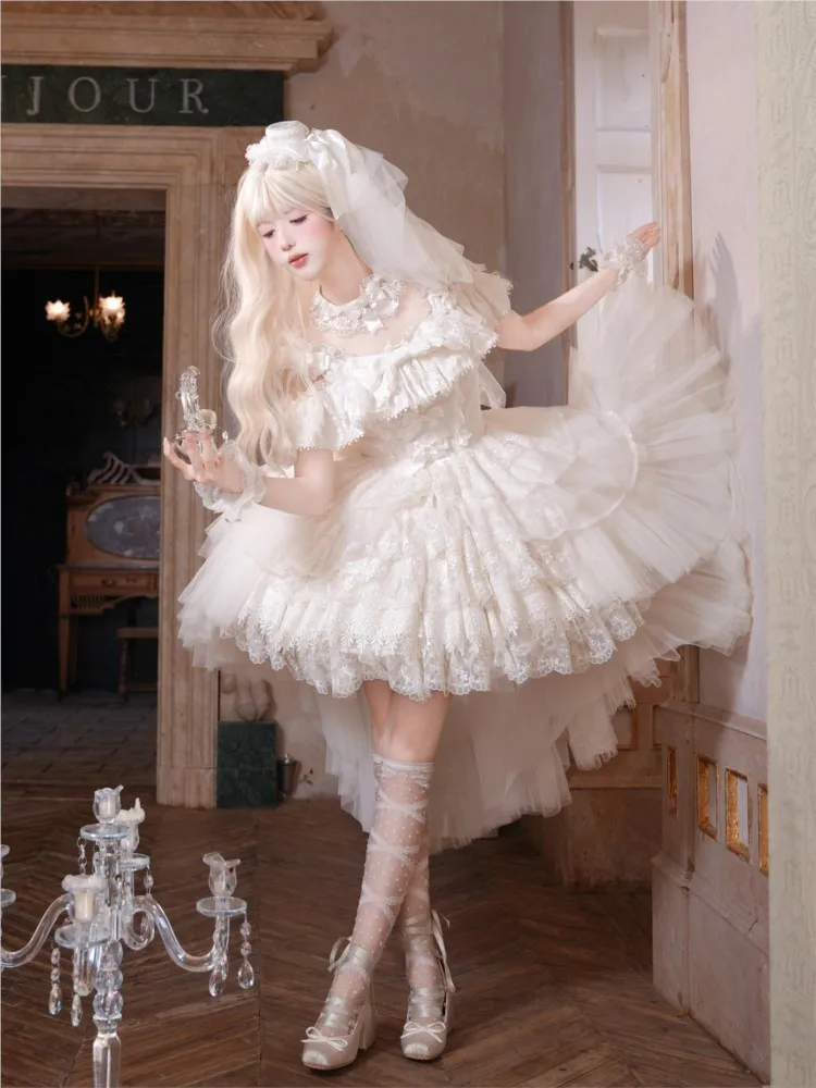 A white wedding dress with shorter front and longer back for students to graduate become adults