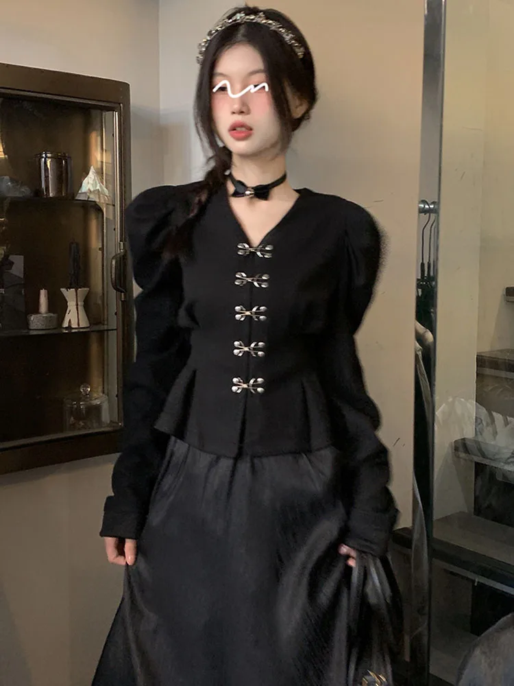 SONNEESD Spring Harajuku V-Neck Single-breasted Crimp Puff Sleeve Metal Buckle Shirt High Waist A-Line Mid-Calf Yarn Skirt Suit