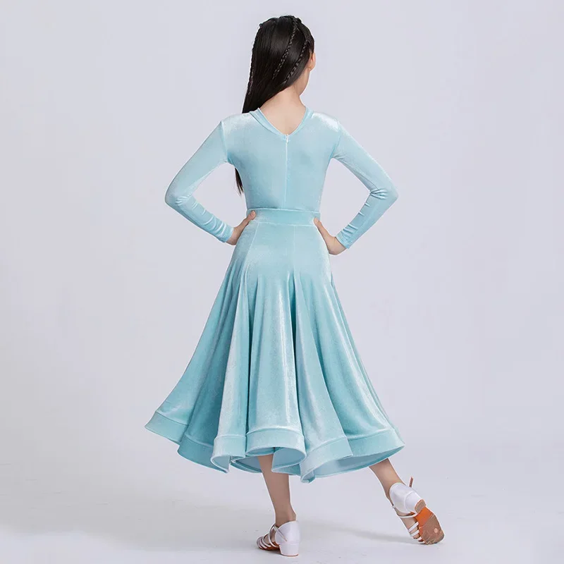 Children National Standard Waltz Social Dancewear Kids Girls Long Sleeve Velvet Bodysuit Skirts Performance Competition Dress