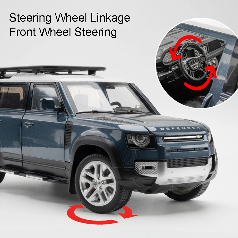 รถของเล่นแลนด์โรเวอร์ ดีเฟนเดอร์ ออฟโรด รุ่น 1:18 ผลิตจากโลหะ แบบหล่อขึ้นรูป พร้อมเสียง ไฟ ประตูเปิดได้ ดึงหลังวิ่งได้ ของขวัญสำหรับเด็ก