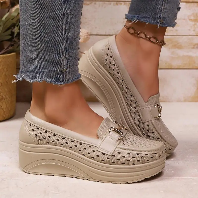 Soft Thick Bottom Height Increase White Loafers Women 2026 Summer Hollow Out Wedge Heel Pumps Women's Comfortable Nursing Shoes