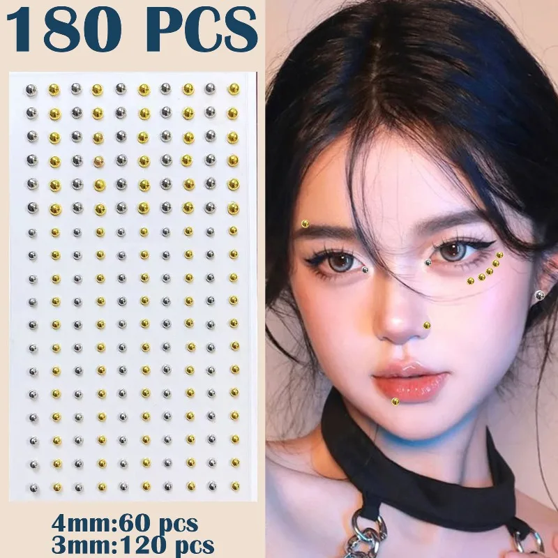 Premium Gold Silver Fake Lip Nose Eyebrow Piercing Face Stickers Self Adhesive Rhinestone Gems for Women DIY Makeup Non Toxic