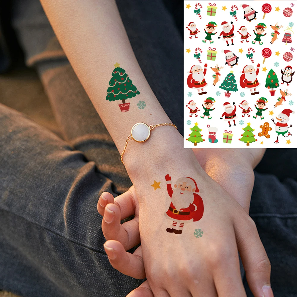Cute Cartoon Christmas Tattoo Stickers Waterproof Christmas Trees Temporary Tattoos Santa Claus Snowman Fake Tattoo Festival