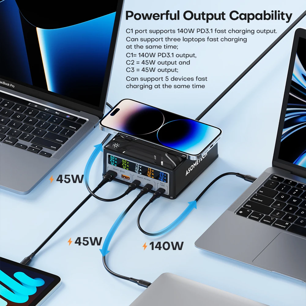 260W USB C GaN Charger, Desktop Wireless Charger PD3.1 140W 100W Fast Charging Station, Power for MacBook Pro iPhone 15 Samsung