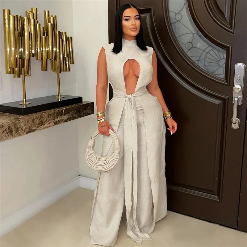 

Doyerl 2 Pieces Set for Woman Outfit Y2K Sexy Club Wear Cut Out Long Top with Sashes and Wide Leg Pants New in Matching Sets
