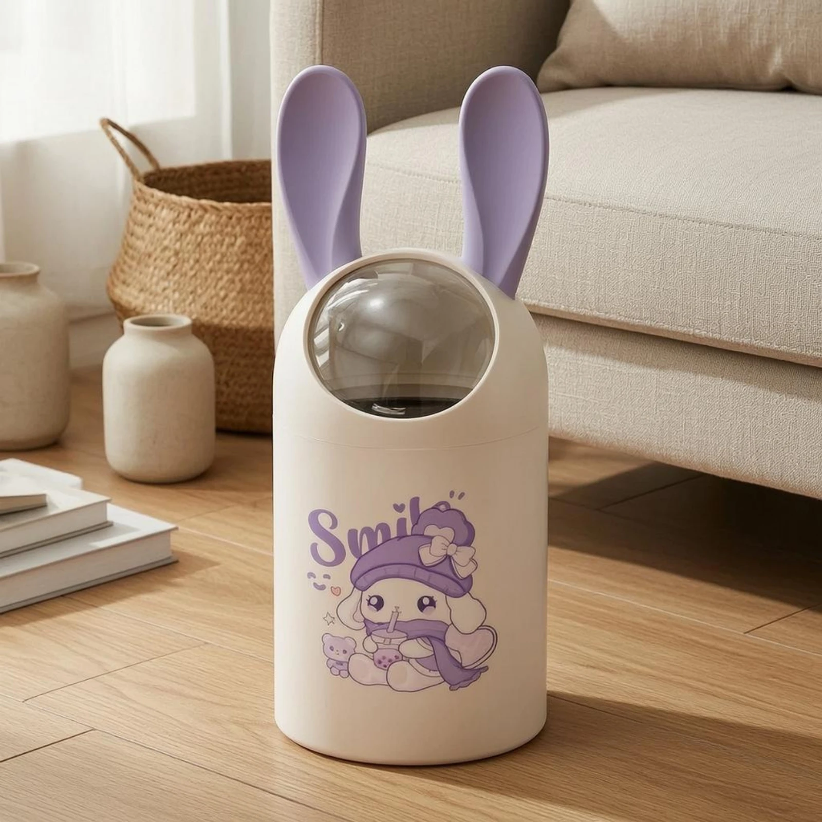 Cartoon Trash Can Rounded Cylindrical Sliding Lid Trash Can Waste Bin Light Violet Trim Household Storage Easy to Clean