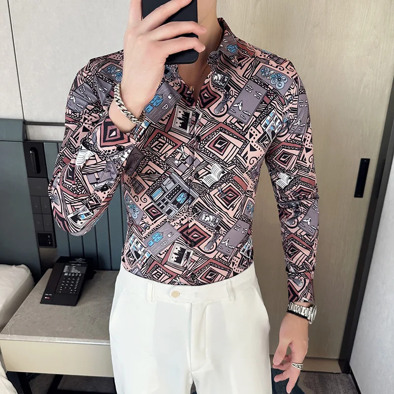 

Plus Size 6XLFashion Printed Shirt for Men Summerlong Sleeve Slim Casual Shirts Social Party Tuxedo Streetwear Camisa Masculina