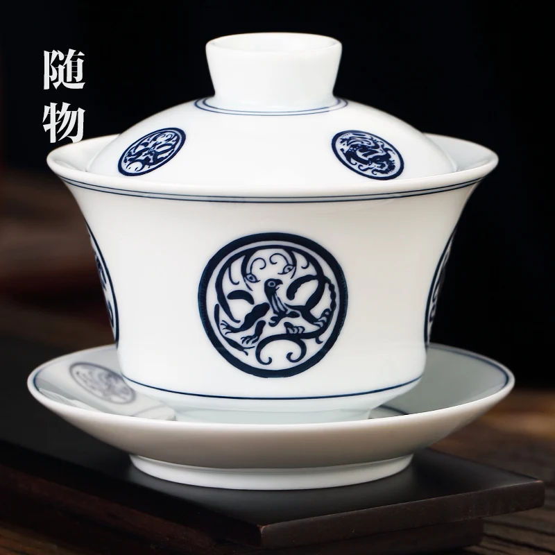 White Porcelain Jingdezhen Sancai Making, Single Large, Not Hot, Hand Covered Bowl, Cup, Kung Fu Tea