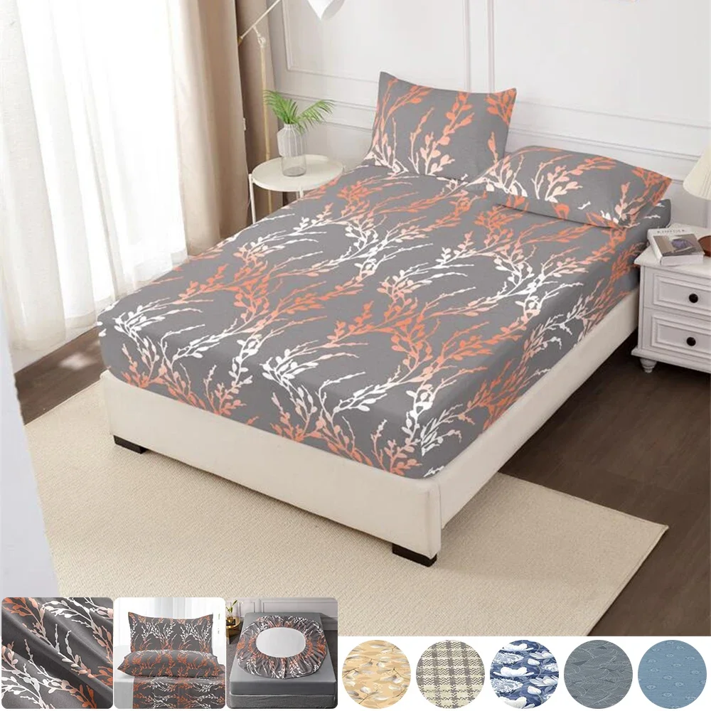 

3PCS Printed Fitted Bed Sheet Set Non Slip Adjustable Mattress Covers with Elastic Band Queen/King/Twin/Full Size Drap-housse