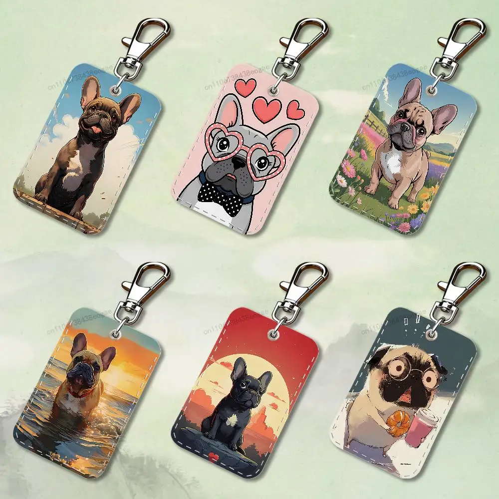 

Cartoon Drench Bulldog Cute Custom Access Card Case Leather Card Holder Keychain Key Ring Transportation Card Case Gifts