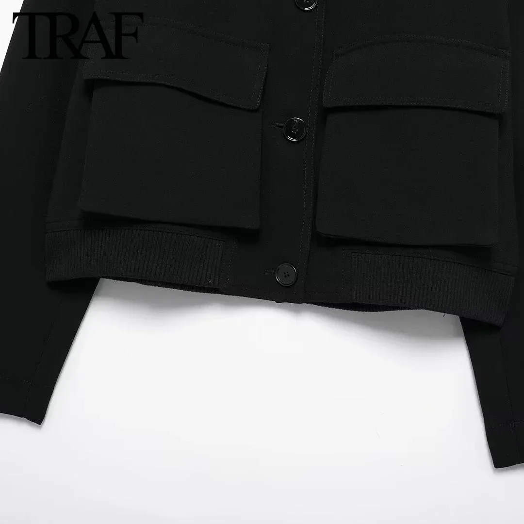 TRAF Women Fashion Autumn Flip Pocket Solid Pilot Jacket Long-sleeved Single Breasted Round Neck Short Coats Chic Female Tops