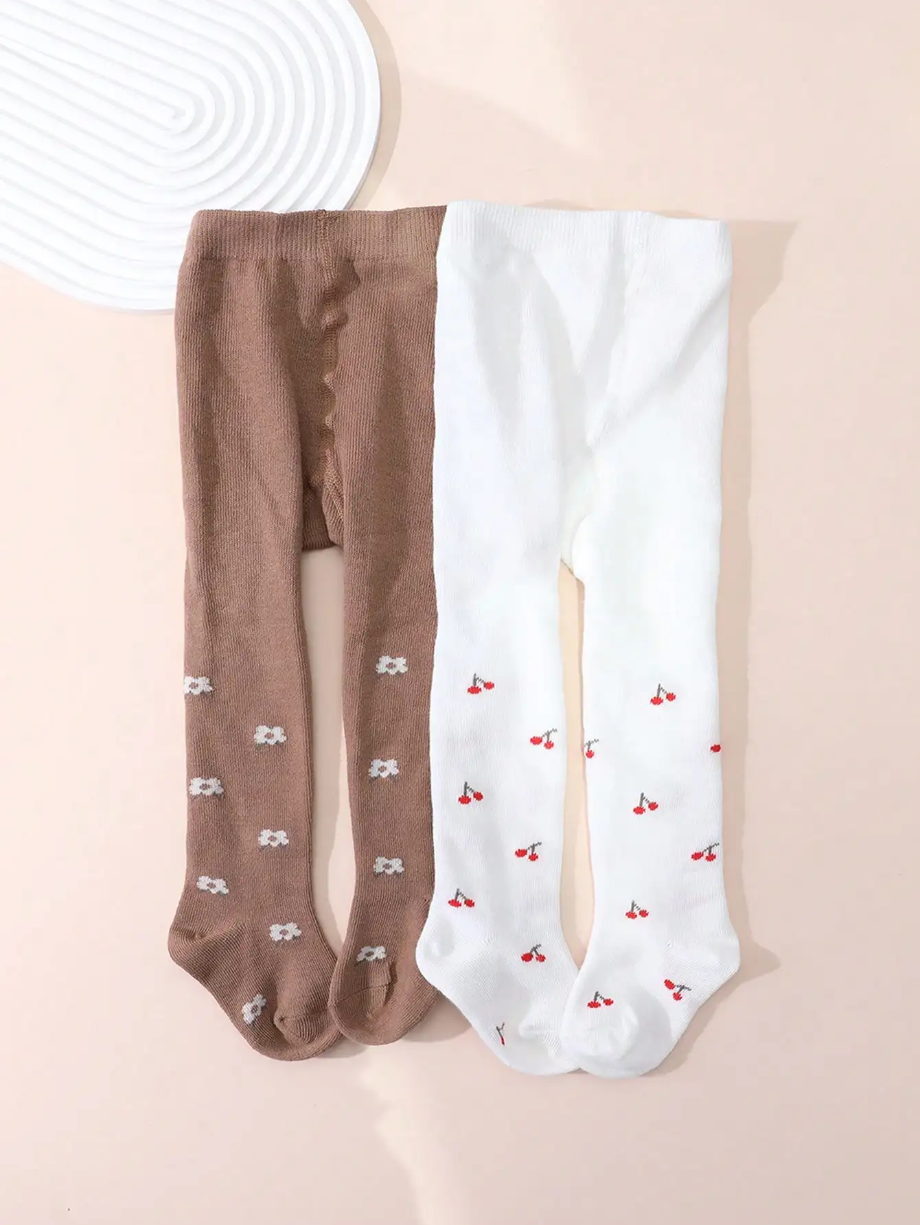 2 Pairs Baby Girls Knit Tights Cherry Floral Print Soft Elastic Cotton Pantyhose Toddler 0-2Y Spring Autumn Daily Casual Outfit view 4