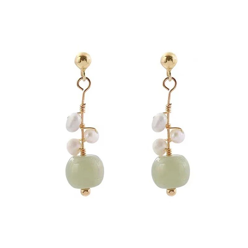 1Pair Vintage Chinese Style Jade Earrings For Women Exquisite Imitation Jade Chalcedony Earrings