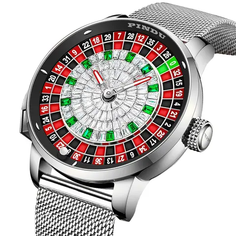NH35 Mechanische Uhren Herren PINDU Russische Glücksspiel Tisch Roulette Knopf Stil Automatische Rotierenden Diamant Leuchtende Männer Uhr
