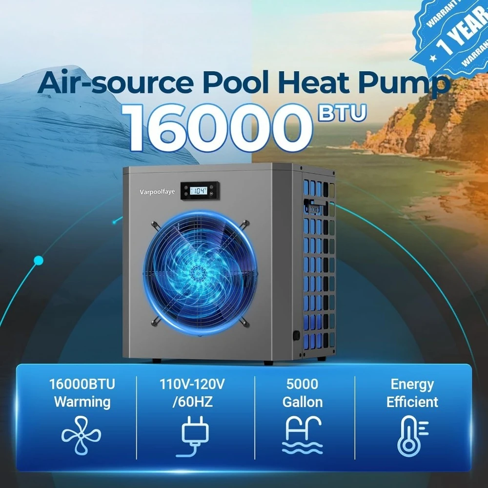 

Тепловой насос для бассейна 16000 BTU, электрический нагреватель для наземных бассейнов на 5000 галлонов, 5 кВт, с функциями нагрева и охлаждения, управление по Wi-Fi