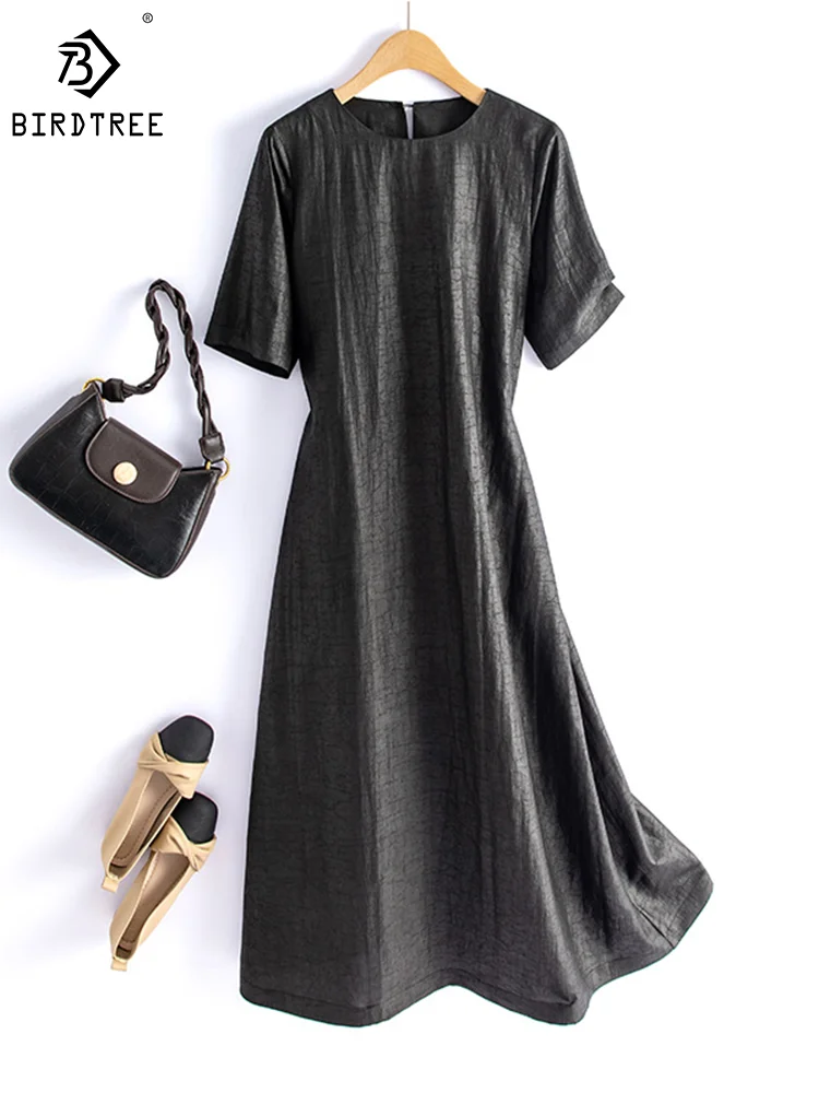 

Birdtree 100%Mulberry Silk Women's Dresses Watered Gauze O-neck Casual Large Black Craquelure Dress OL Summer Autumn D383108QM