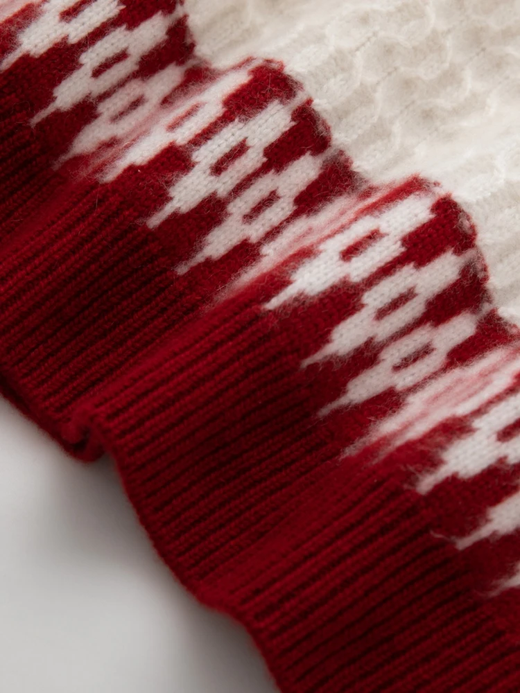 

TLOML New Women Vintage Cashmere Pullover Autumn Winter Thick 100% Cashmere Sweater Jacquard Knitwear Mock Neck Half Zipped Tops