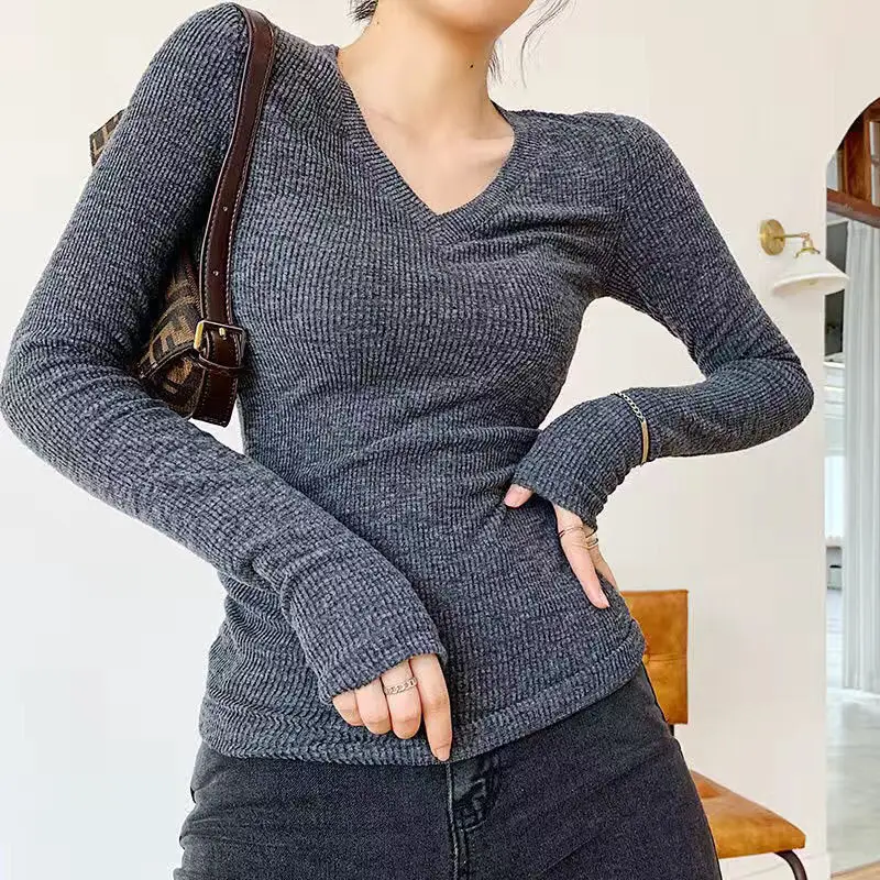 V Neck Simplicity Long Sleeve Sexy Tops Spring Autumn New Solid All-match High Street T Shirts Fashion Casual Women Clothing