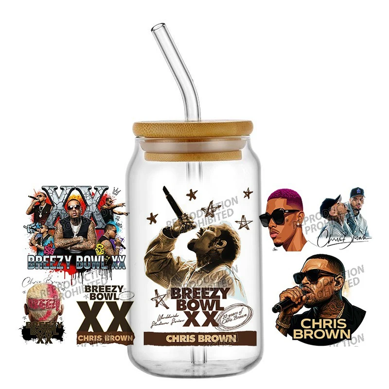 Popular Singer Chris Brown Pattern UV DTF Transfer Sticker Waterproof Transfers Decals For 16oz Glass Cup Wrap Stickers